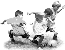 Three boys playing soccer, Team sport Football player, kids, child ...